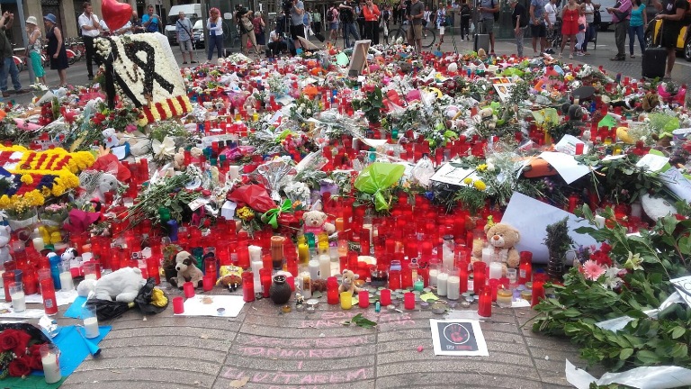 Flowers and candles after terrorist attack in Ramblas